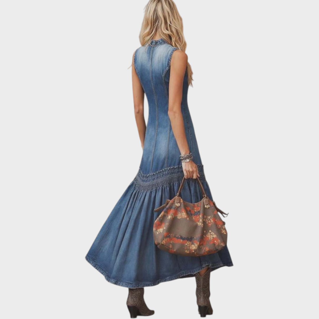 Estrella | Elegantes Retro-Maxikleid im Western-Stil mit Bindekragen und Ballonrock aus blauem Denim