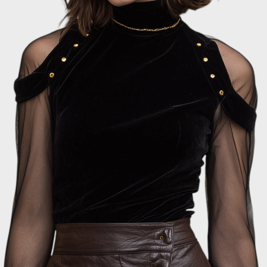Angely – Schwarze Samtbluse für Damen mit Netz- und Golddetails – Ansicht 2