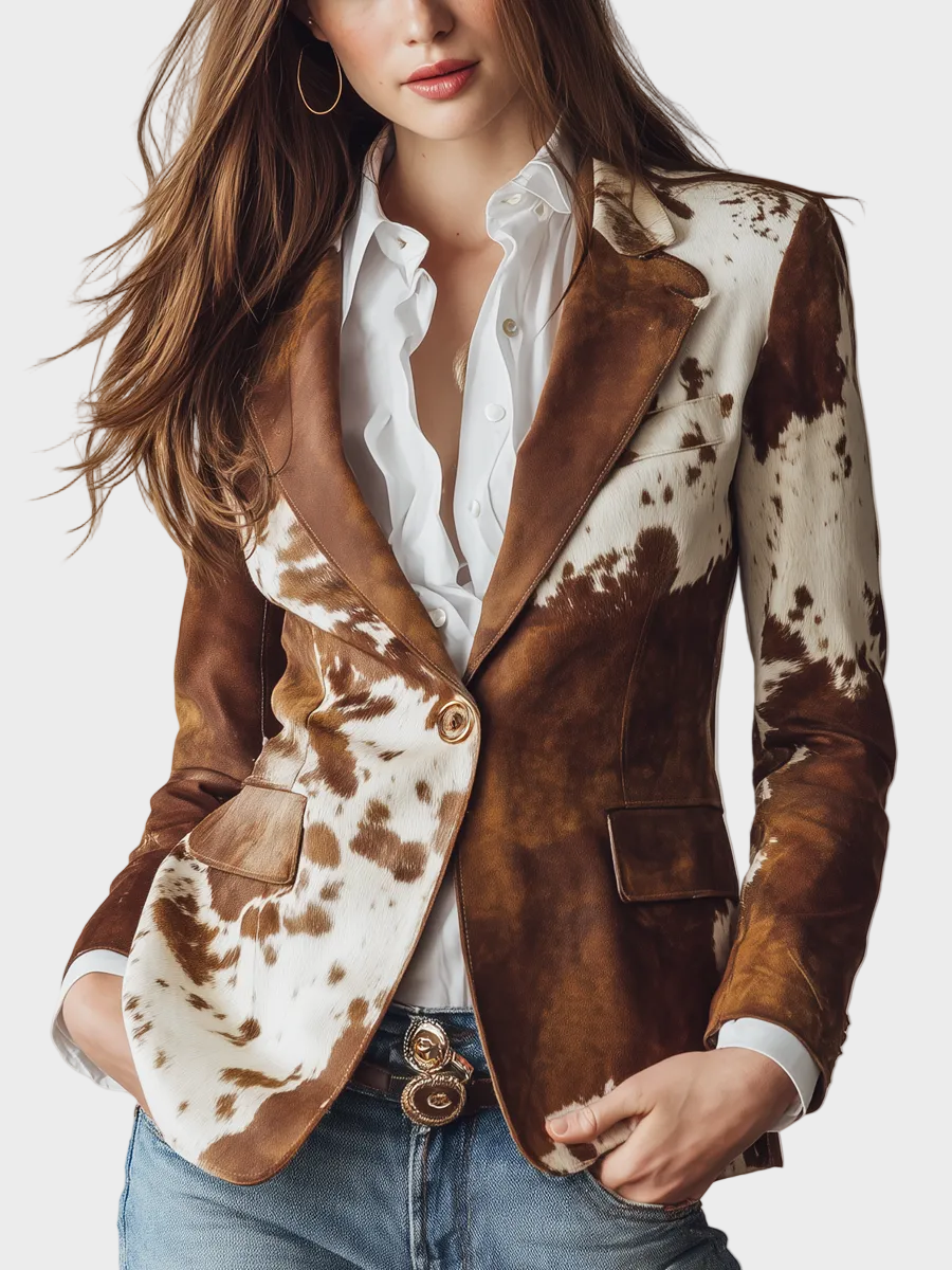 Kim – Retro-Wildlederjacke für Damen mit Kuhfellmuster