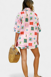 Damen-Set Mariluz mit rosa bedrucktem Hemd und Shorts – Ansicht 2