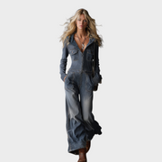 Katelyn – Grau-blaues Jeanskleid mit Kapuze und Frontreißverschluss – Ansicht 4