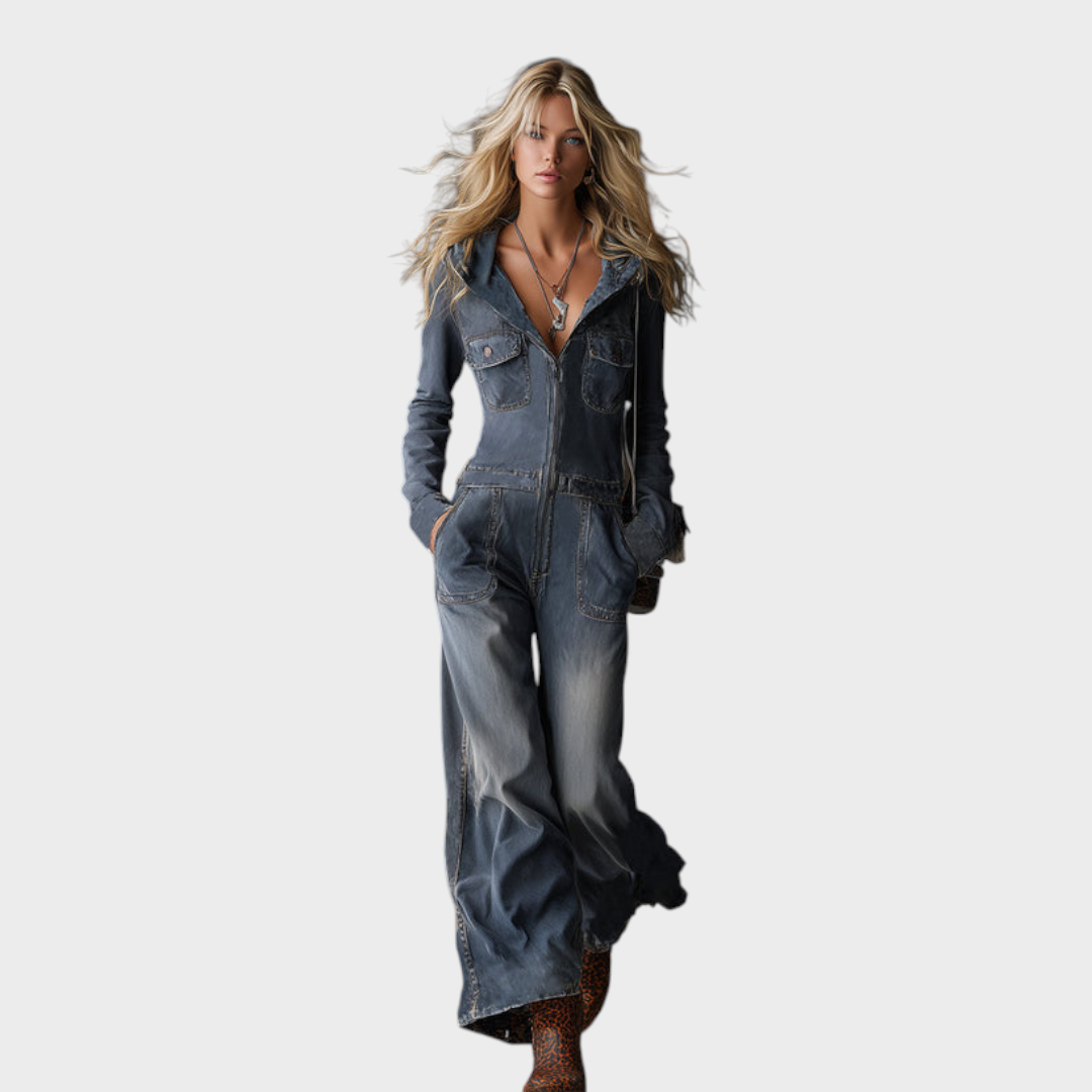 Katelyn – Grau-blaues Jeanskleid mit Kapuze und Frontreißverschluss – Ansicht 4