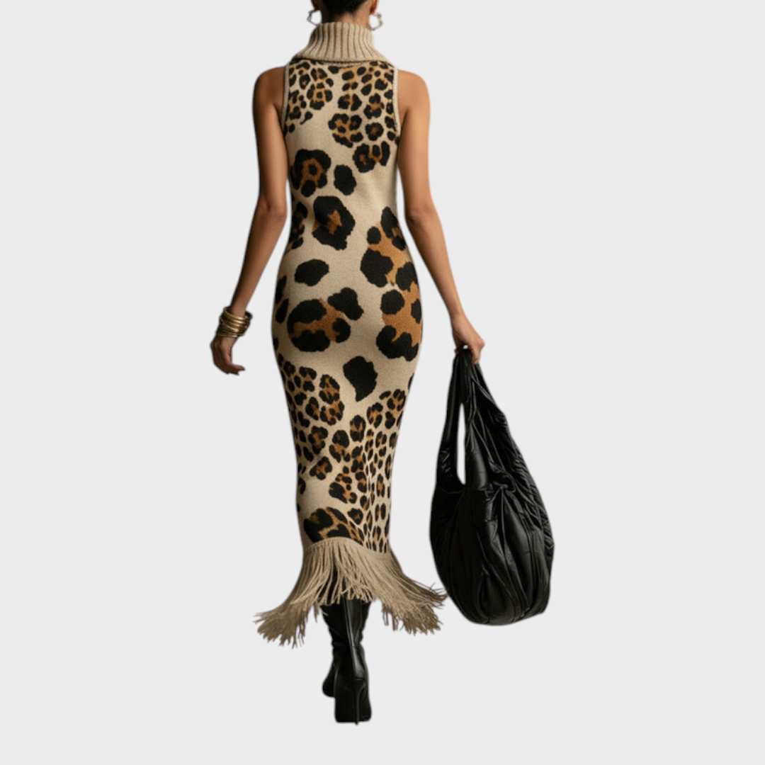 Shannon – Braunes Strick-Maxikleid mit Leopardenmuster, Stehkragen und Fransen – Ansicht 3