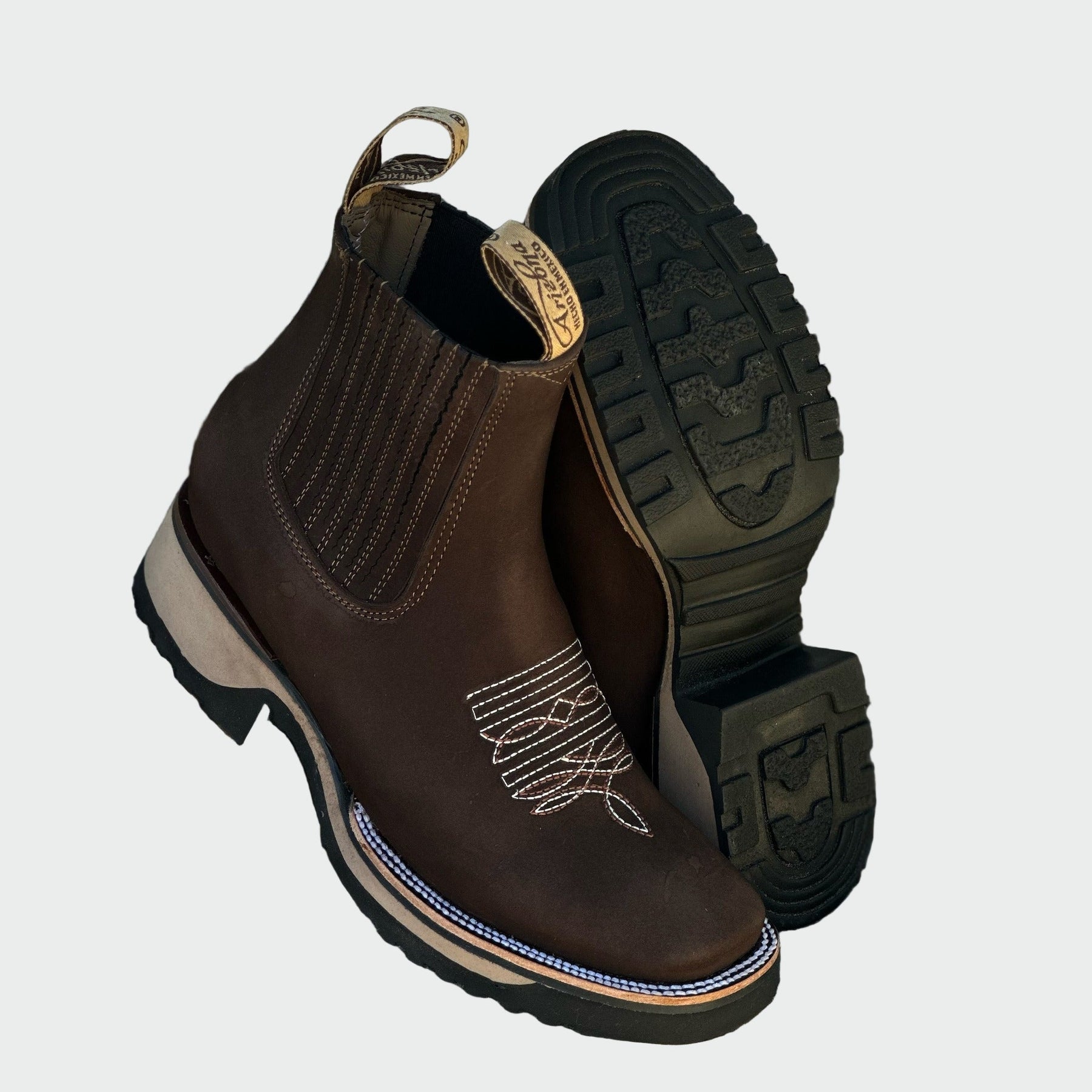 Braune Leder-Cowboystiefel für Damen mit weißer Stickerei – Ansicht 2
