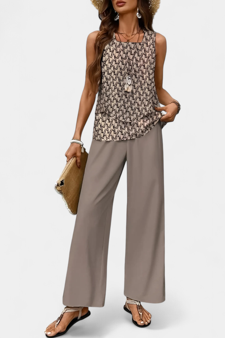 Martina – Elegantes Boho-Set für Damen mit ärmellosem Top und gemusterter gerader Hose – Ansicht 6