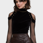 Angely – Schwarze Samtbluse für Damen mit Netz- und Golddetails