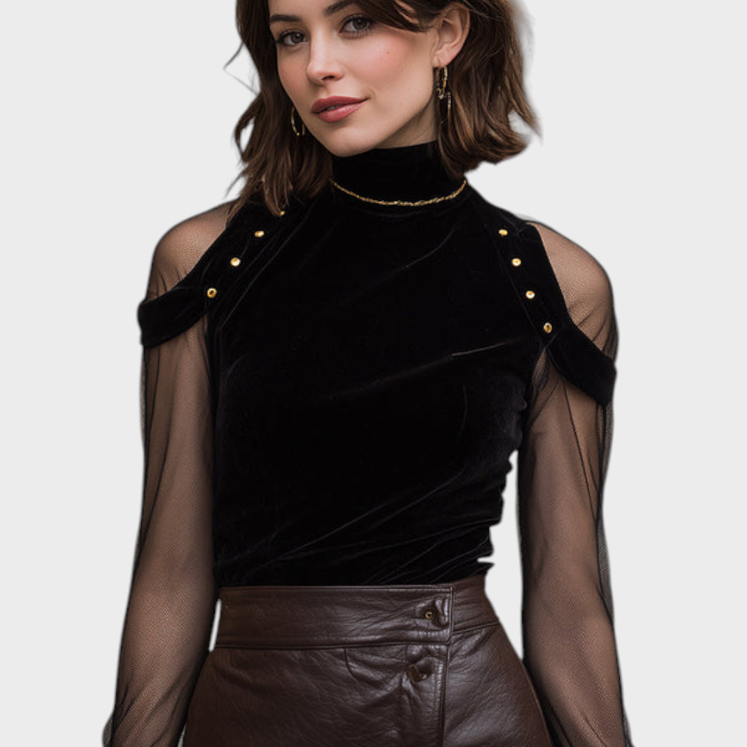 Angely – Schwarze Samtbluse für Damen mit Netz- und Golddetails