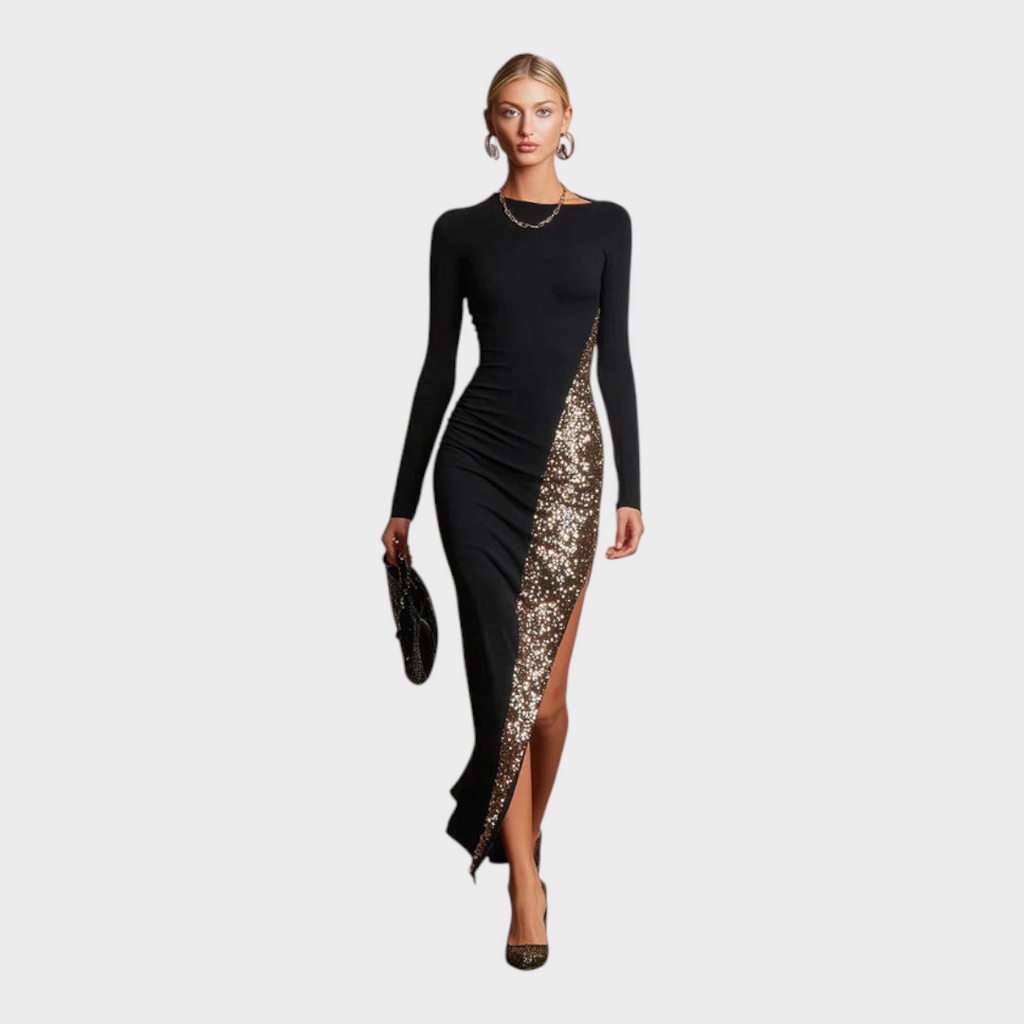 Harley | Elegantes und funkelndes schwarzes Maxikleid aus Stretch-Baumwolle mit Pailletten