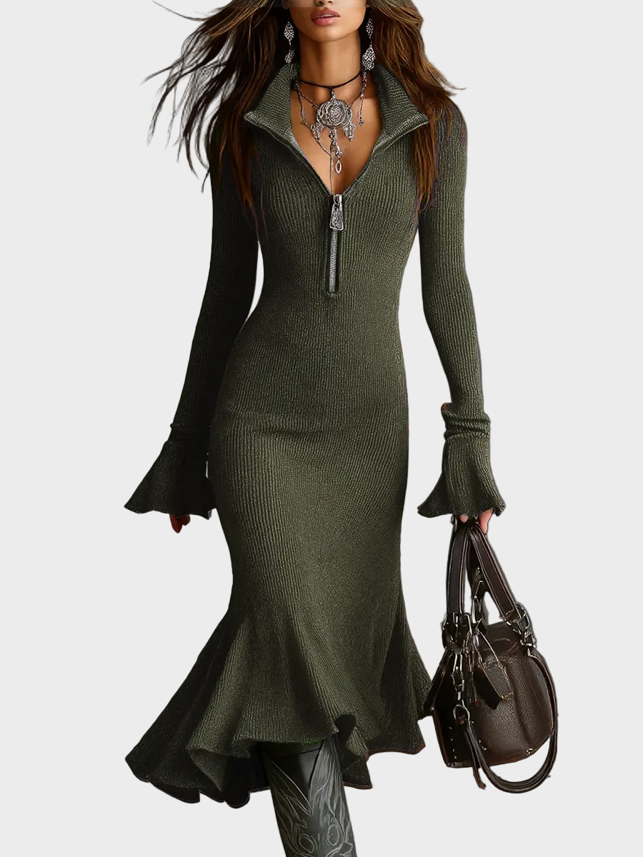 Velora – Retro-Strickkleid in Midi-Länge mit Reißverschlusskragen und Glockenärmeln – Ansicht 6