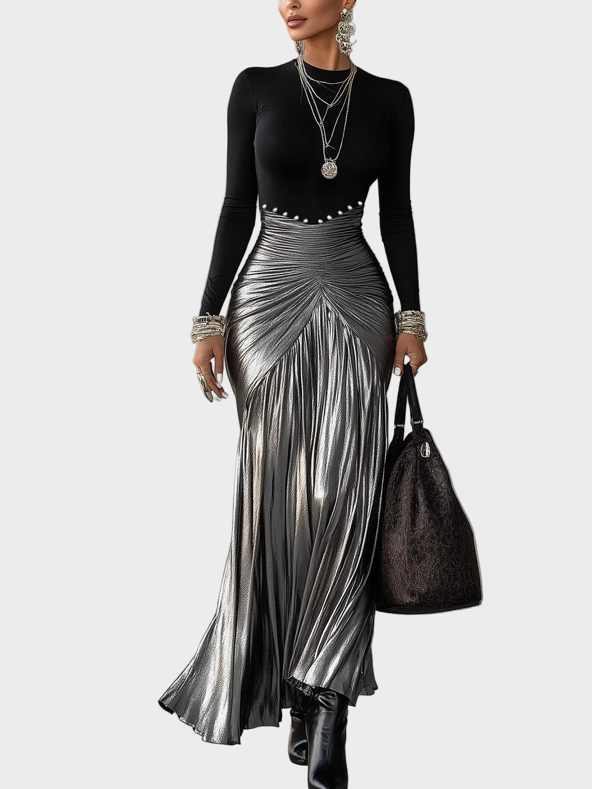 Donna – Schwarzes plissiertes Maxikleid mit silberfarbenem Metallic-Muster
