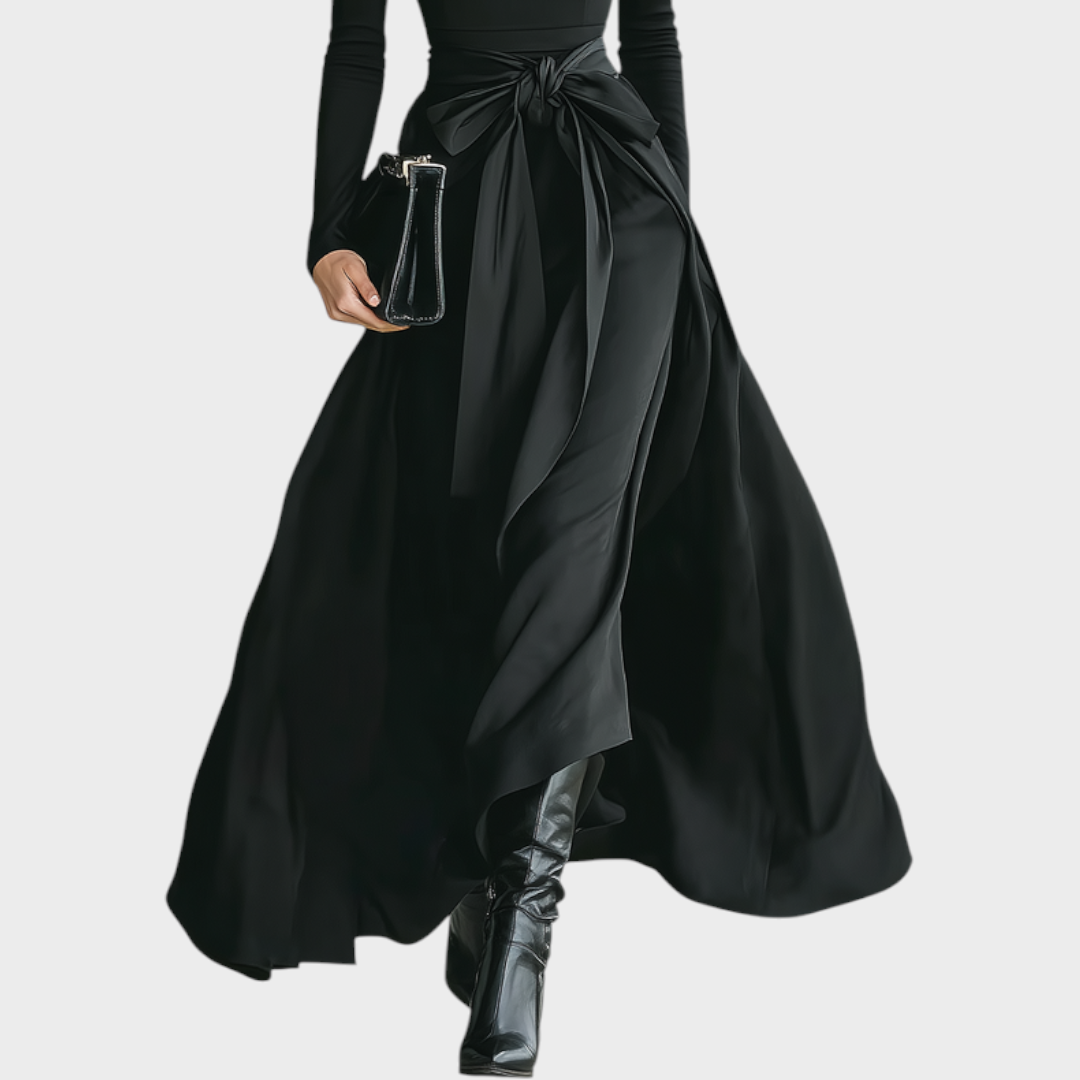 Hellen | Schwarzes Damen-Maxikleid mit hohem Kragen, hoher Elastizität, Strick- und Satinrock