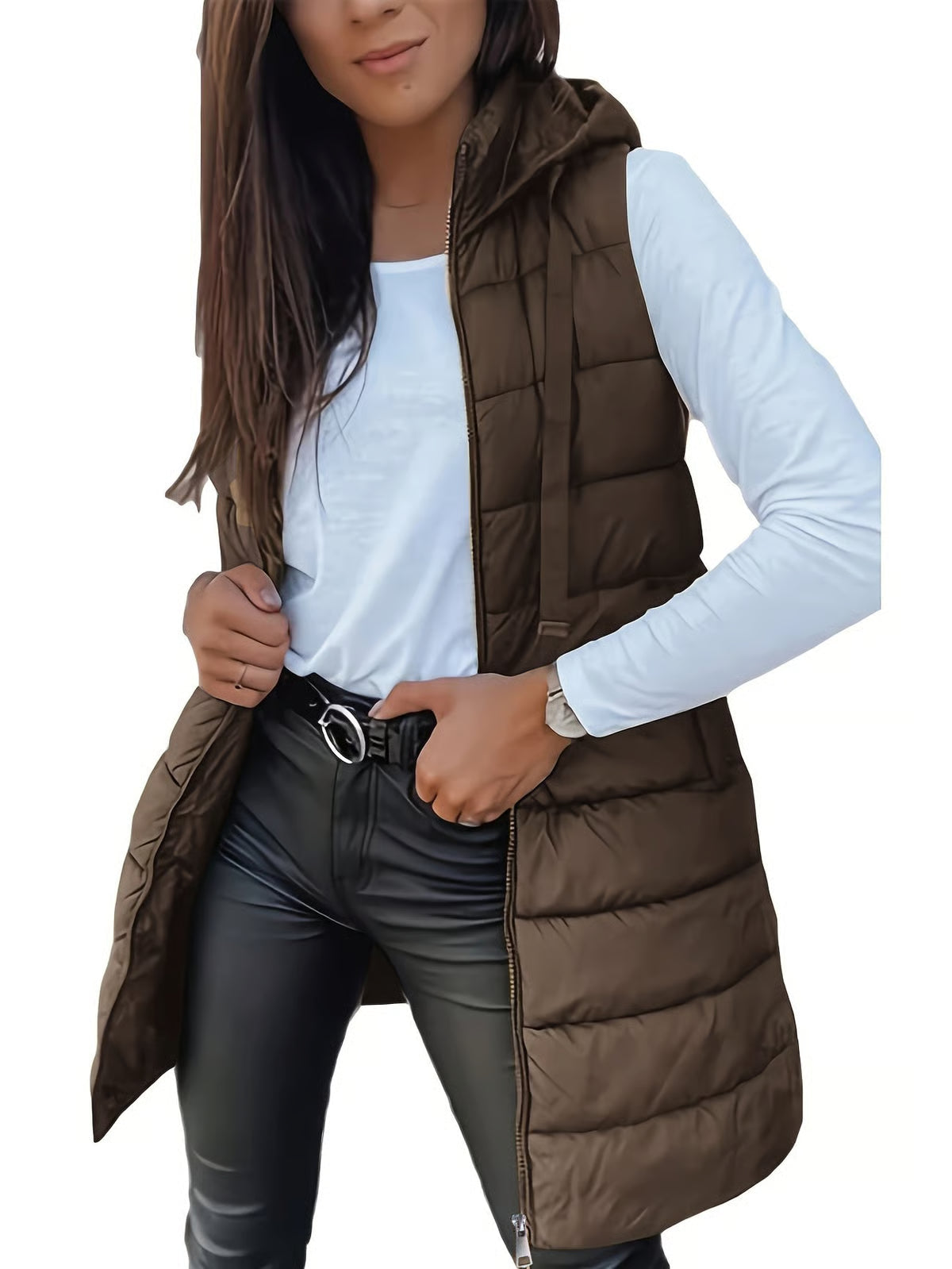 Lange ärmellose Damenjacke mit Kapuze – Ansicht 2