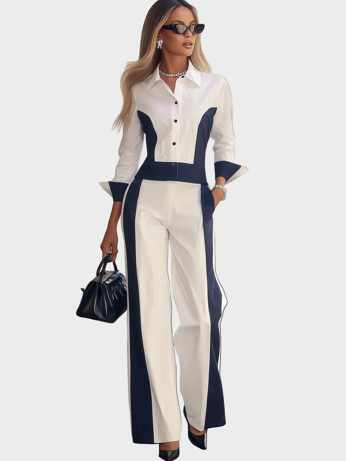 Arla – Damen-Set mit weiß-marineblauem Hemd und weit geschnittener Hose – Ansicht 3