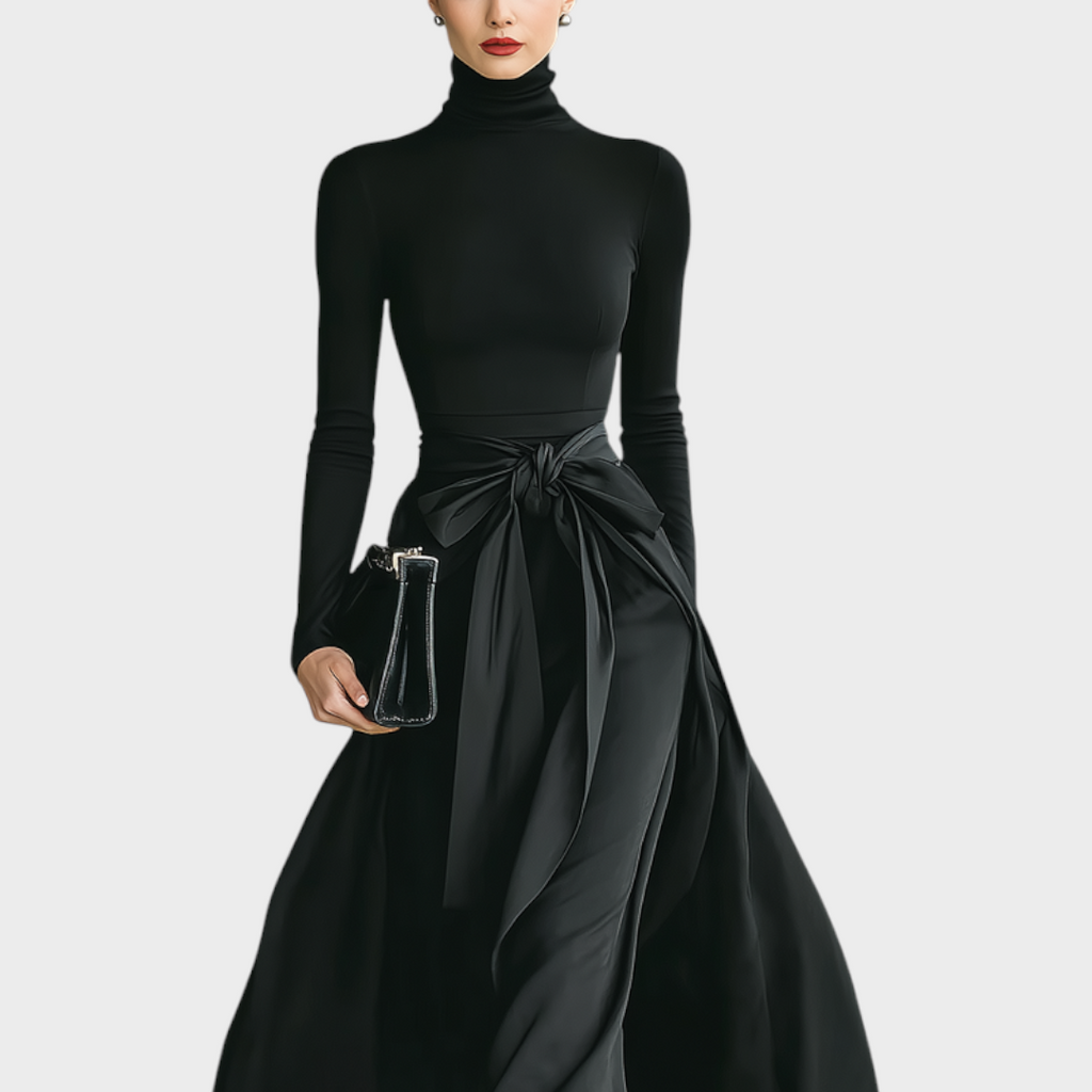 Hellen | Schwarzes Damen-Maxikleid mit hohem Kragen, hoher Elastizität, Strick- und Satinrock