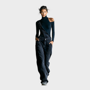 Megan – Damen-Set mit schwarzem One-Shoulder-Top und blaugrauem Jumpsuit – Ansicht 2