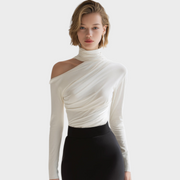 Carlie – Asymmetrisch drapiertes Top für Damen mit hohem Kragen und langen Ärmeln – Ansicht 4