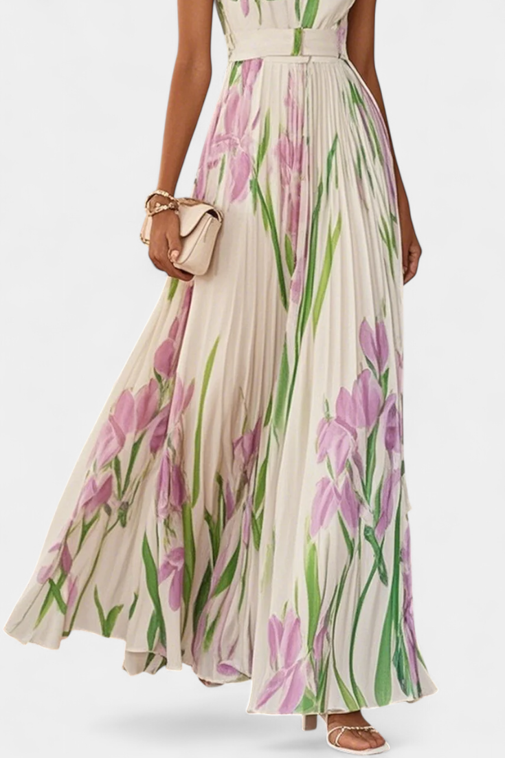 Kalanthi – Langes plissiertes florales Damenkleid – Ansicht 3