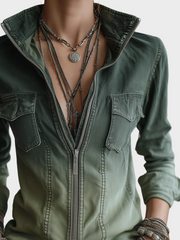Zulu – Grüne Damen-Jeansbluse mit Reißverschluss und Taschen – Ansicht 4