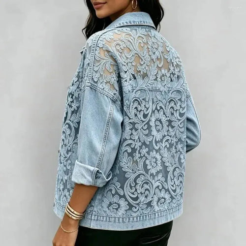 Alina | Damen Jeansjacke mit Blumenmuster und Spitzen-Patchwork – Ansicht 2