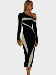 Juni – Figurbetontes One-Shoulder-Kleid in Unifarben mit Kontrasteffekt – Ansicht 2