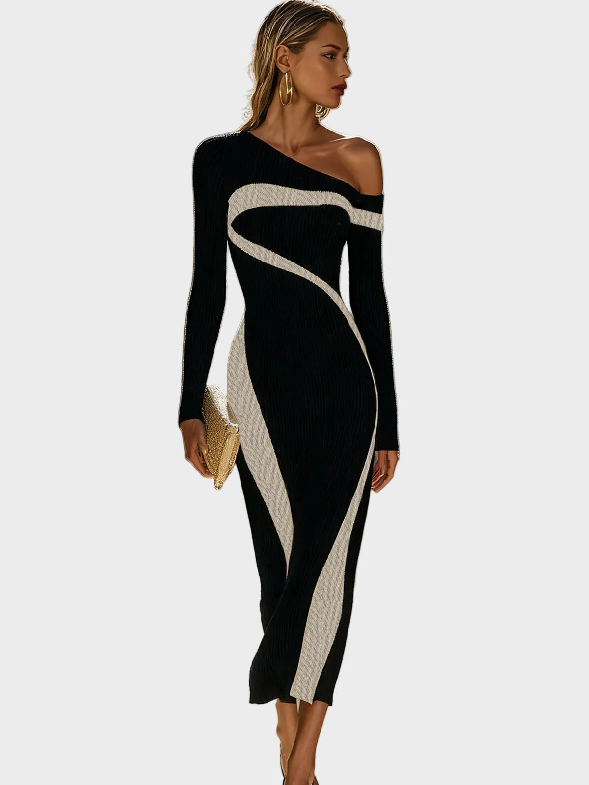 Juni – Figurbetontes One-Shoulder-Kleid in Unifarben mit Kontrasteffekt – Ansicht 2