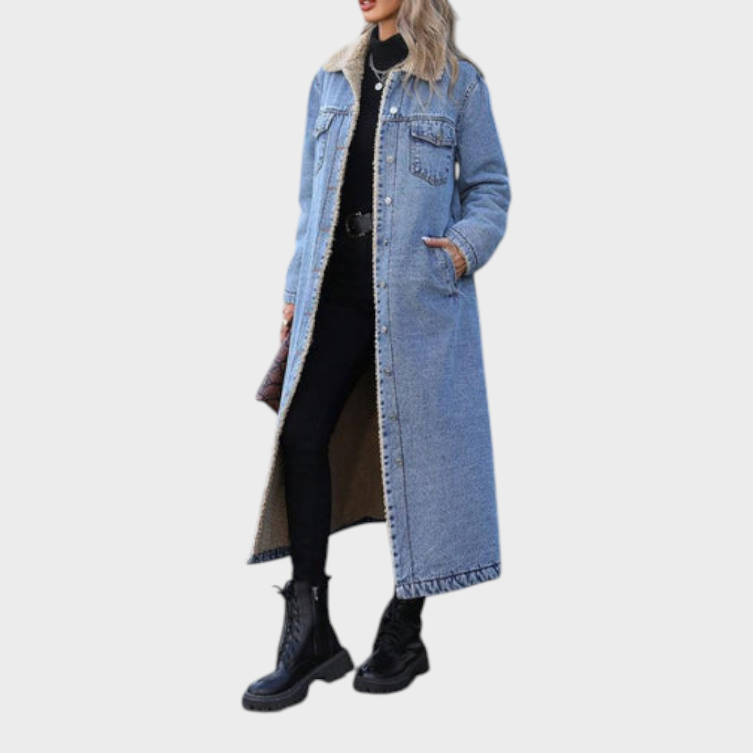 Yaritza – Langer Cardigan für Damen mit Fleecefutter und Ein-Knopf-Verschluss – Ansicht 6