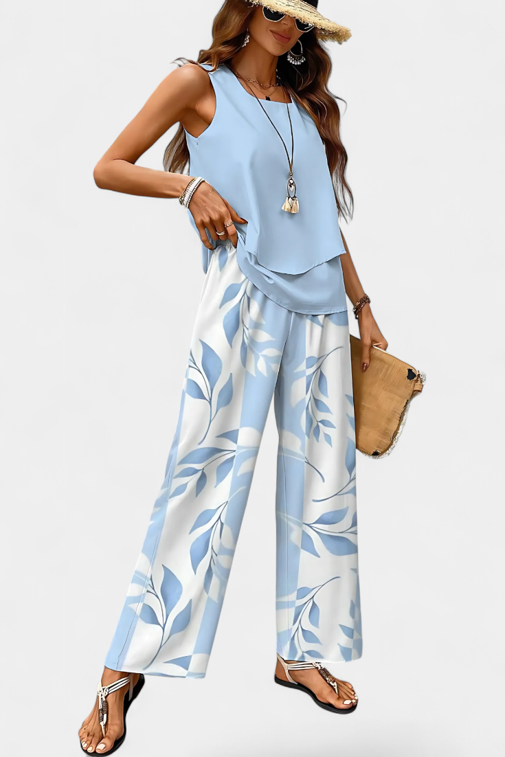 Martina – Elegantes Boho-Set für Damen mit ärmellosem Top und gemusterter gerader Hose – Ansicht 2