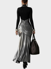 Donna – Schwarzes plissiertes Maxikleid mit silberfarbenem Metallic-Muster – Ansicht 5