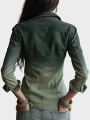 Zulu – Grüne Damen-Jeansbluse mit Reißverschluss und Taschen – Ansicht 2