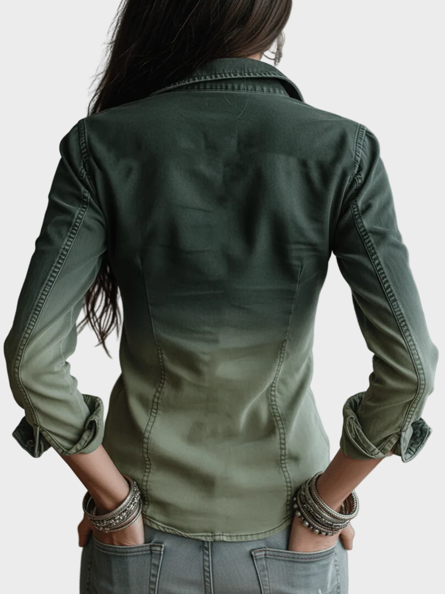 Zulu – Grüne Damen-Jeansbluse mit Reißverschluss und Taschen – Ansicht 2