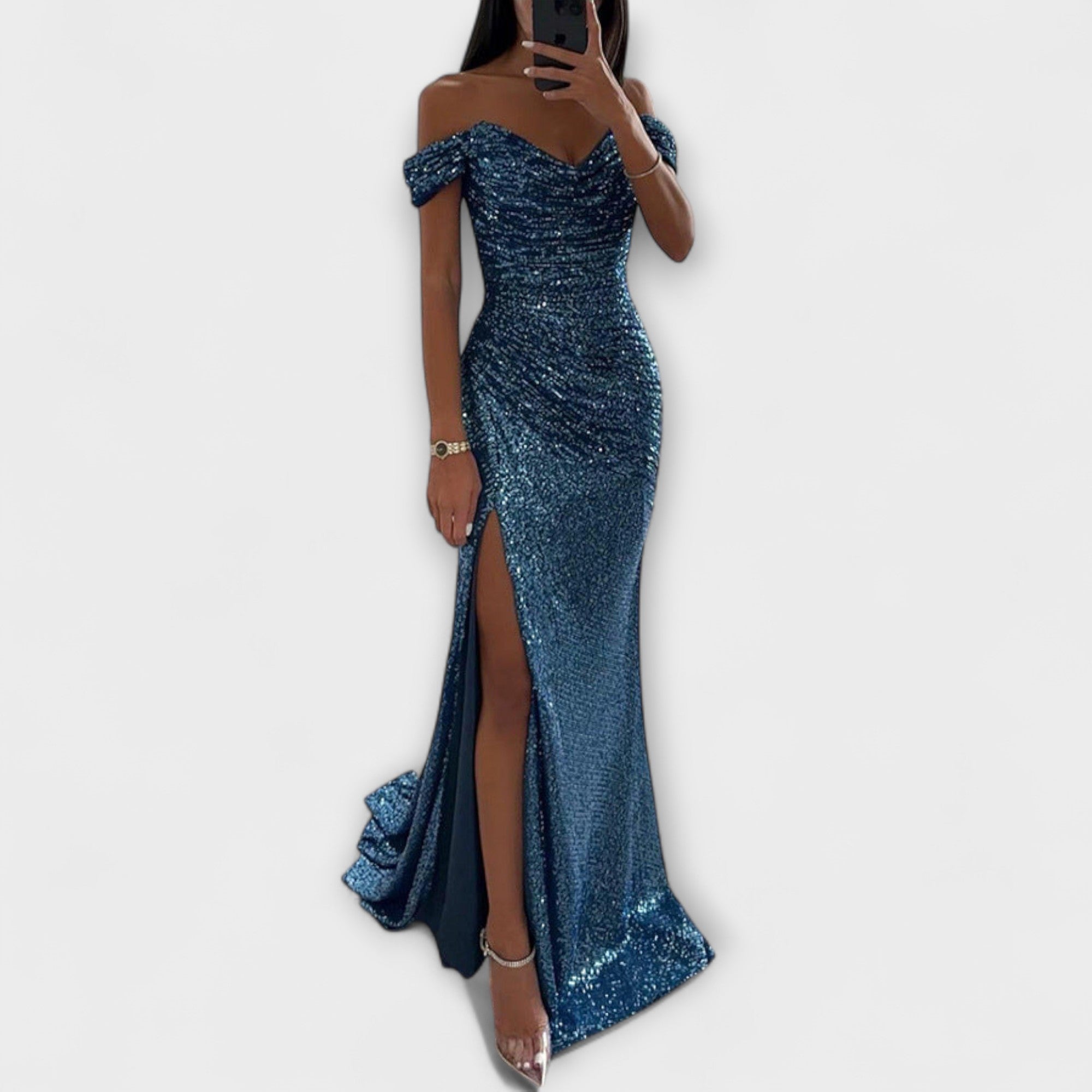Sommerliches Abendkleid – trägerloses Maxikleid mit Glitzer und Rüschen für Hochzeiten und Partys