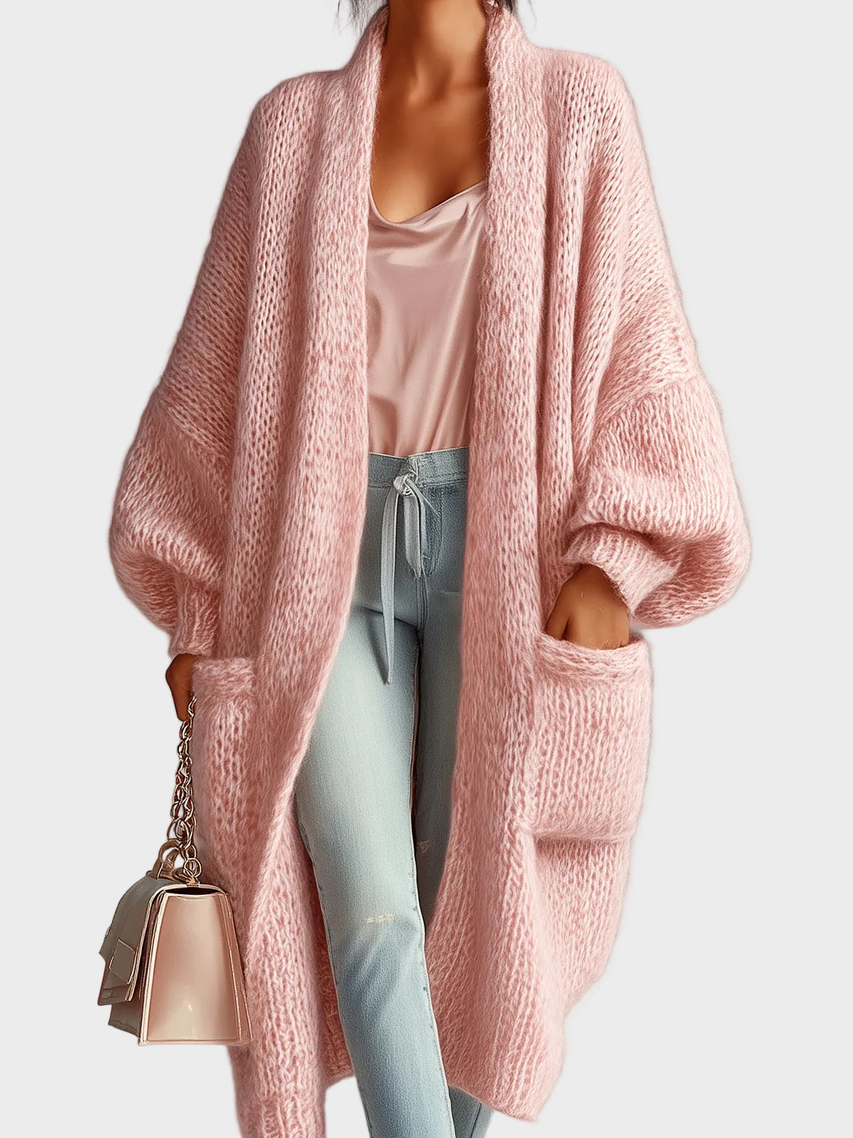 Lily – Pinkfarbene Maxi-Strickjacke für Damen mit Puffärmeln – Ansicht 5