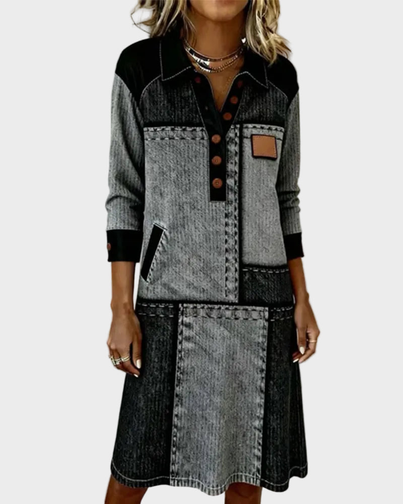 Tara – Modernes Damenkleid mit Knöpfen, V-Ausschnitt und Color-Blocking