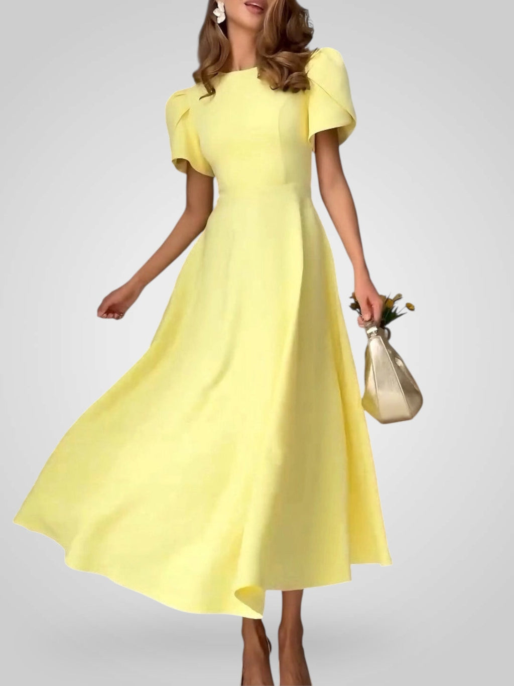 Elegantes Midikleid mit hohem Kragen und Puffärmeln