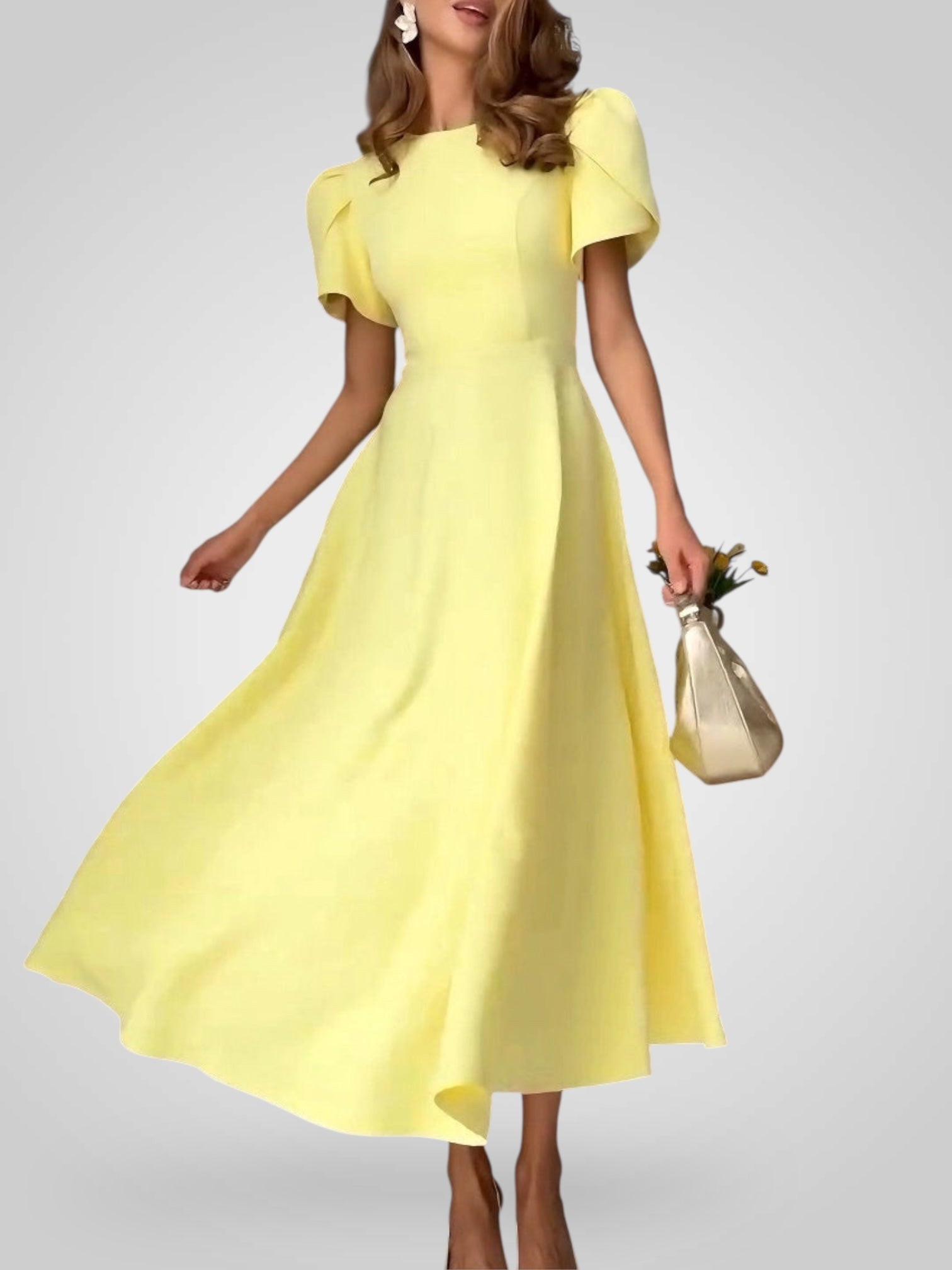 Midikleid für Damen in A-Linie mit hohem Kragen und Puffärmeln – Ansicht 4