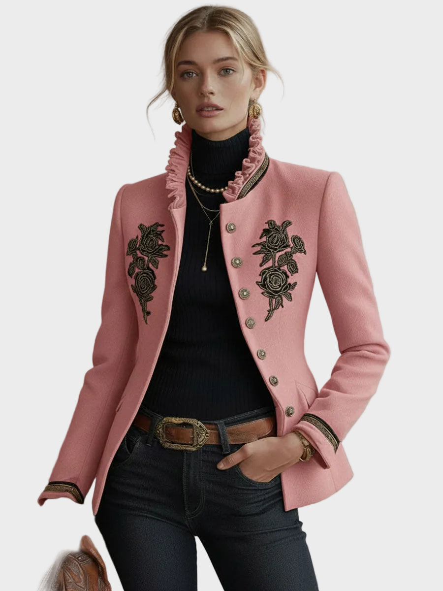 Harmony – Damen-Wolljacke mit Stehkragen und Rosenstickerei – Ansicht 3