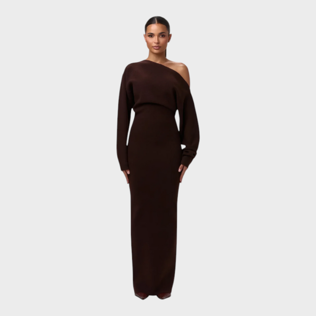 Hillary – Schulterfreies Strick-Maxikleid