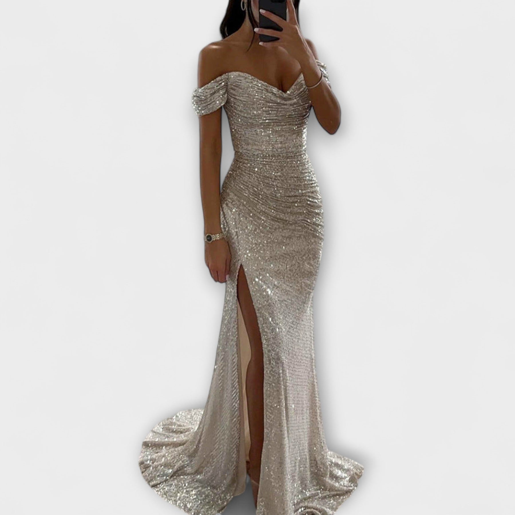 Trägerloses Abend-Maxikleid für Damen mit Glitzer und Schlitz – Ansicht 3