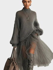 Cassie – Graues Maxikleid aus Mohair mit Tülleinsätzen – Ansicht 3