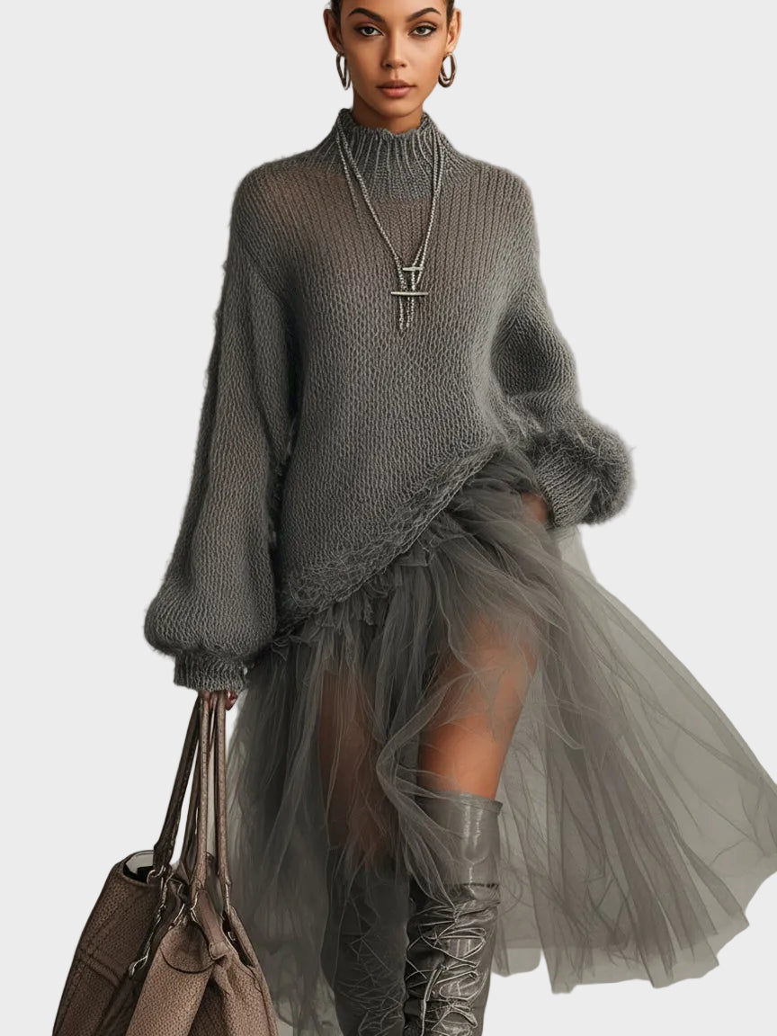 Cassie – Graues Maxikleid aus Mohair mit Tülleinsätzen – Ansicht 3