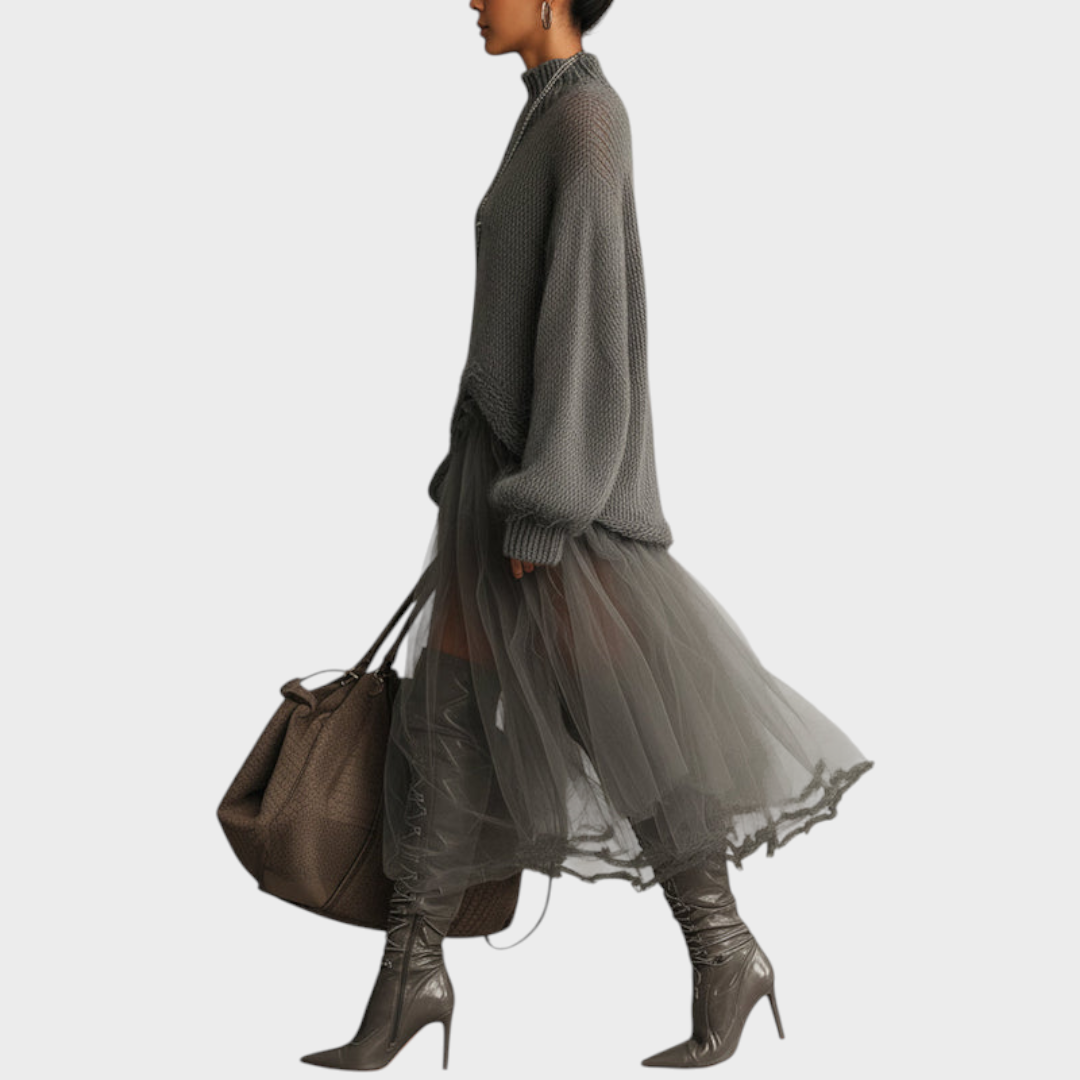 Susette – Graues Maxikleid aus Mohair und Tüll – Ansicht 4