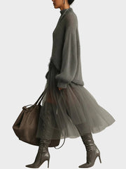 Cassie – Graues Maxikleid aus Mohair mit Tülleinsätzen – Ansicht 5