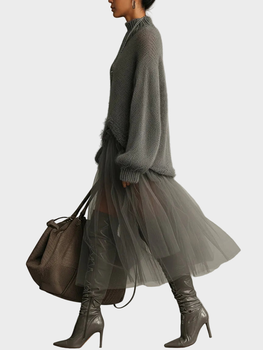 Cassie – Graues Maxikleid aus Mohair mit Tülleinsätzen – Ansicht 5
