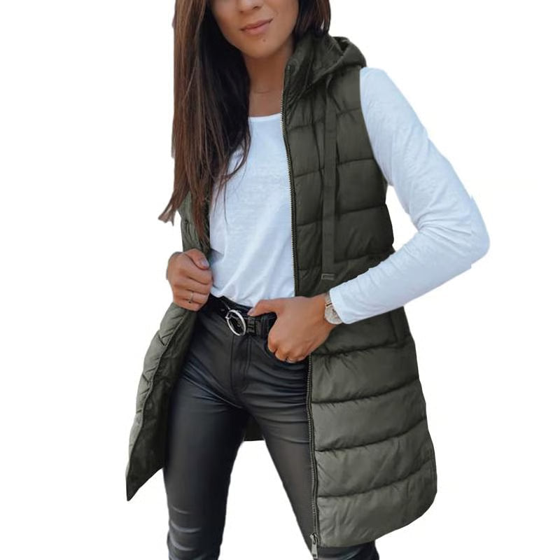 Lange ärmellose Damenjacke mit Kapuze – Ansicht 8