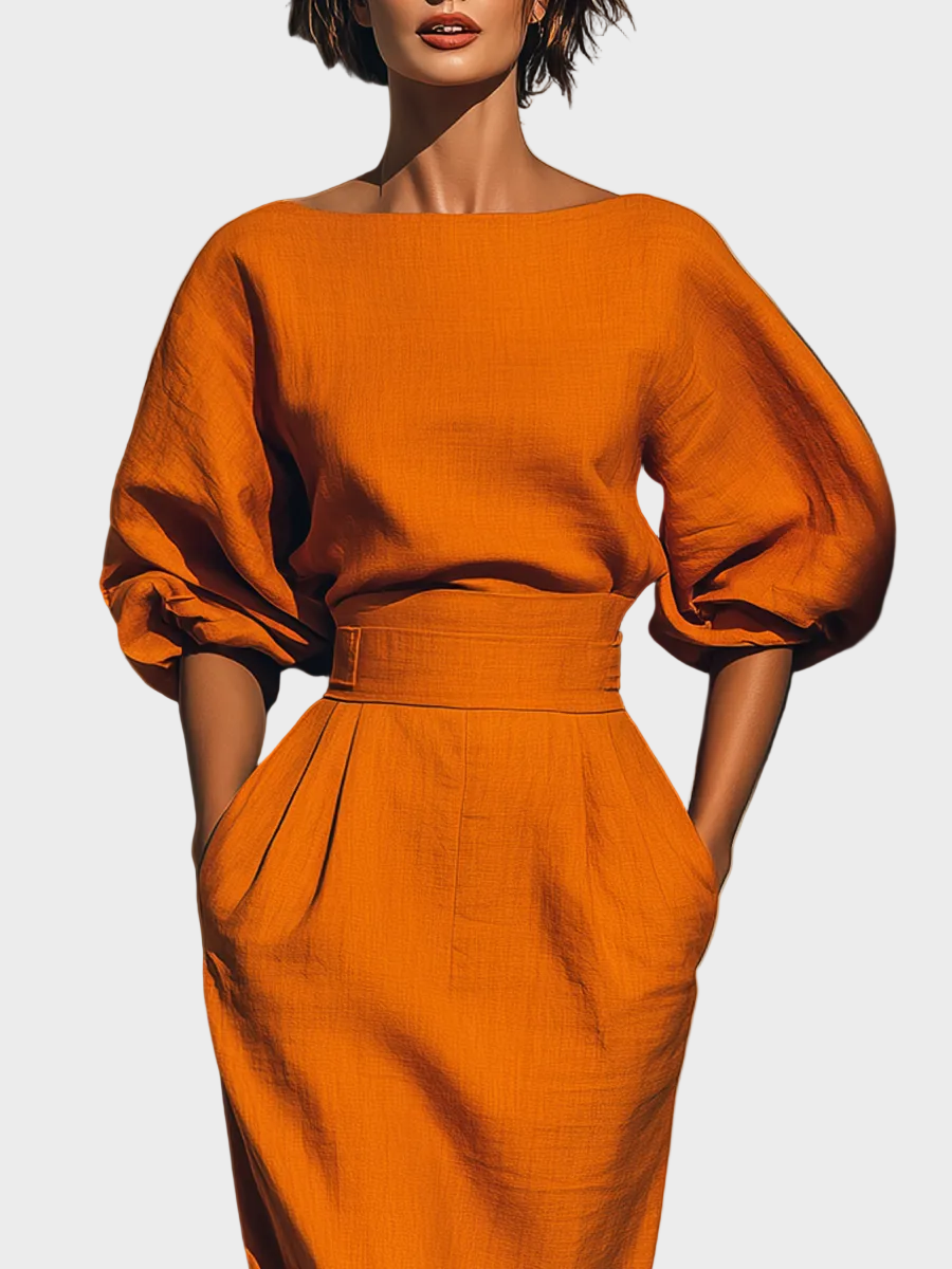 Bianca – Damen-Set mit orangefarbener Bluse und Midirock – Ansicht 2