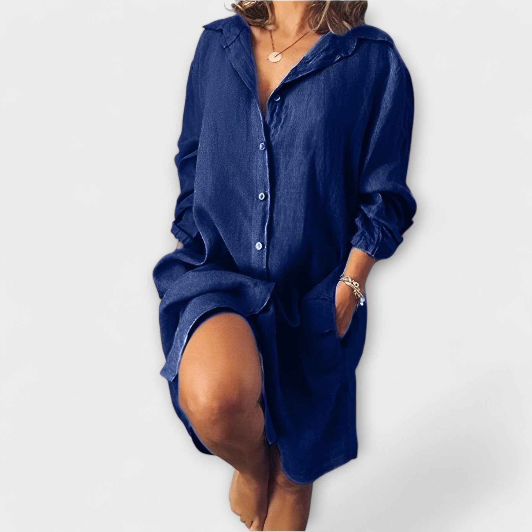 Lässige Damen-Leinenbluse mit Kragen und Tasche – Ansicht 6