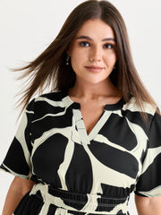 Bedrucktes Damen-Midikleid mit Kragen und Rüschen in Übergröße – Ansicht 2