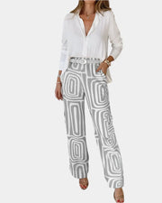 Geometrische Damenhose mit hohem Bund und Gürtel – Ansicht 2