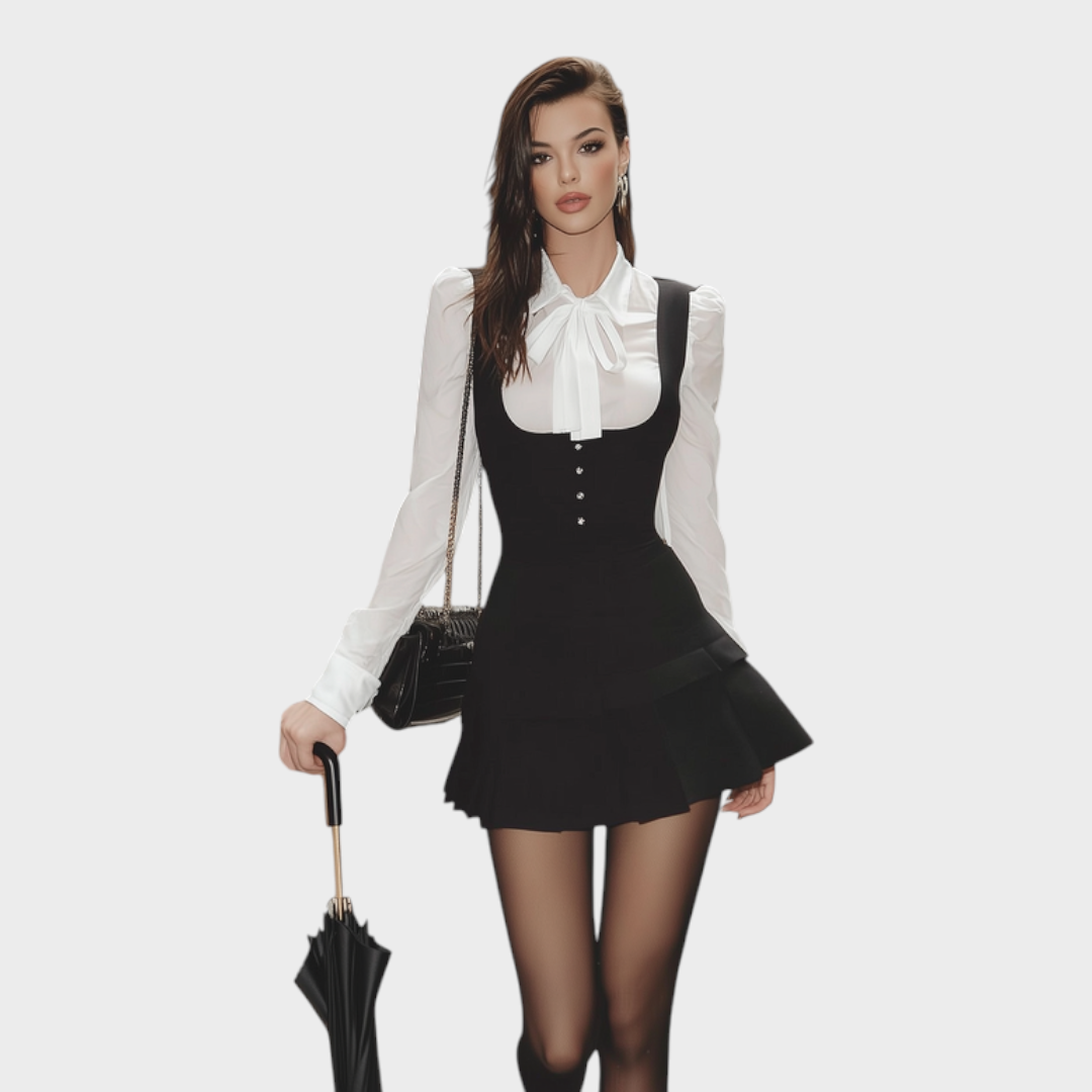 Damen-Set Marikris mit schwarzem Satinrock und weißem Hemd mit Schleife – Ansicht 4