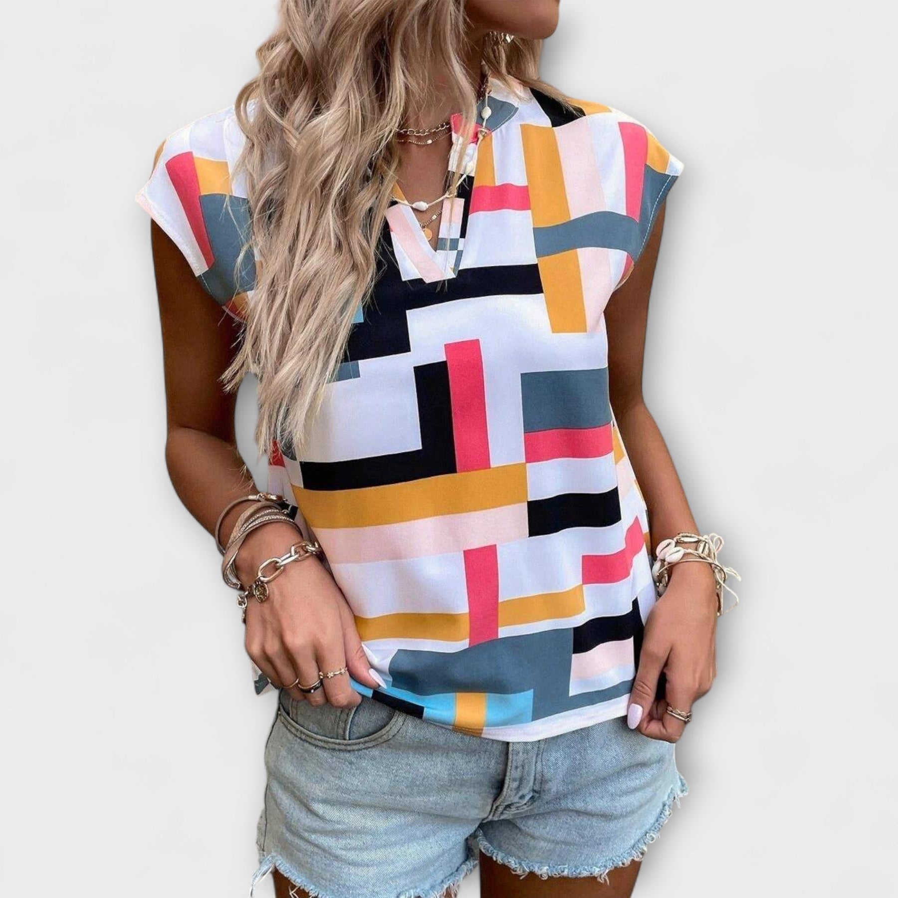 Kurzarm-Damenbluse Chloe mit Rundhalsausschnitt